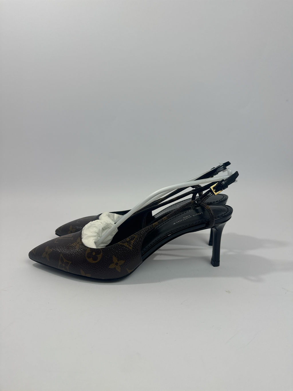 VDS 2 HAND brown coated canvas slingback heels with LV monogram, pointed toe, stiletto heel, and patent trim.
