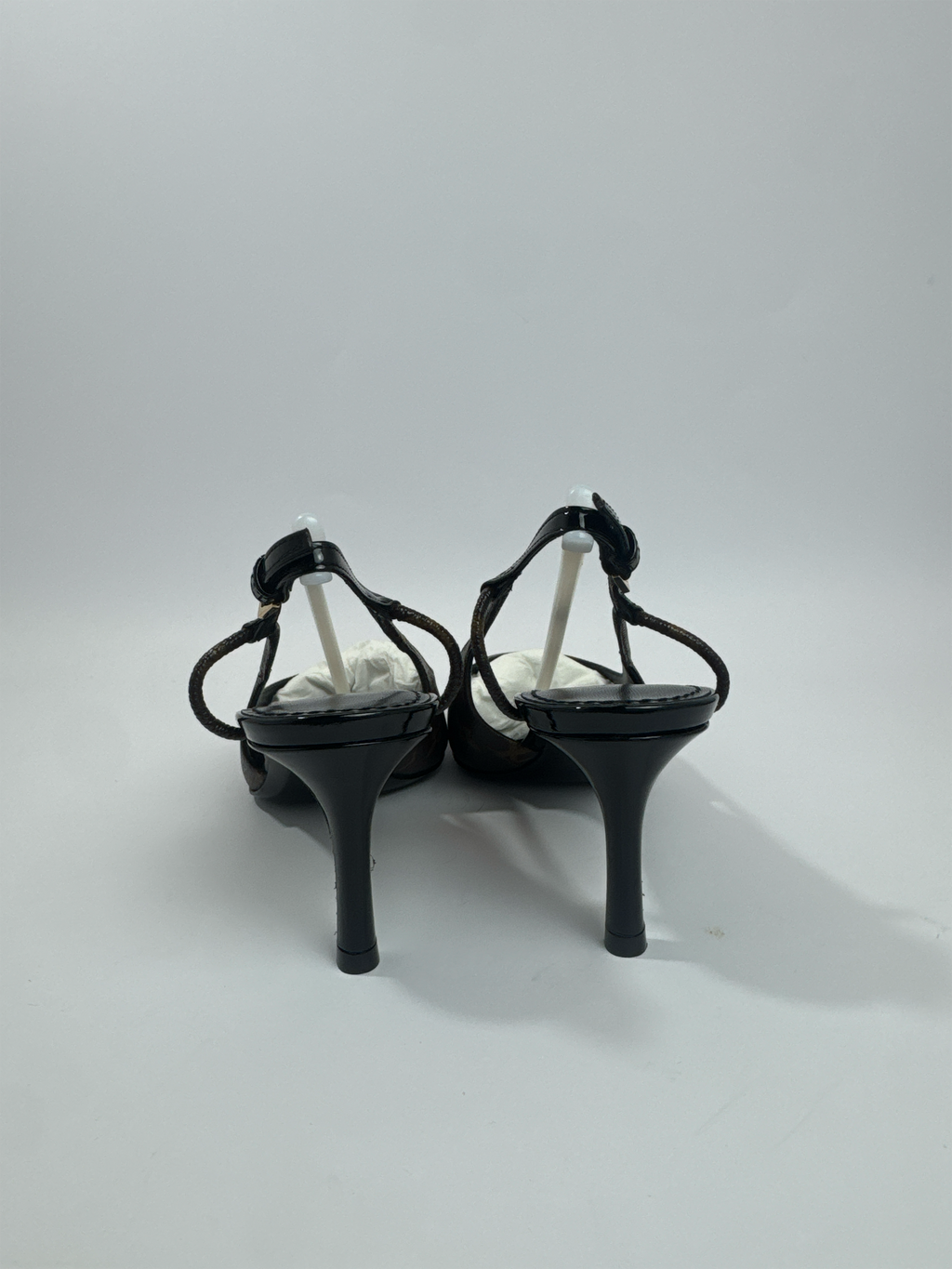VDS 2 HAND brown monogram coated canvas slingback heels with black patent leather trim and stiletto heel.